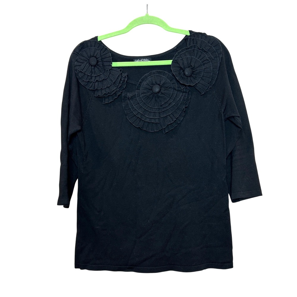 Gaby & Eden Rosette Knit Top Women Small Black Ruffle 3/4 Sleeve Whimsigoth Chic